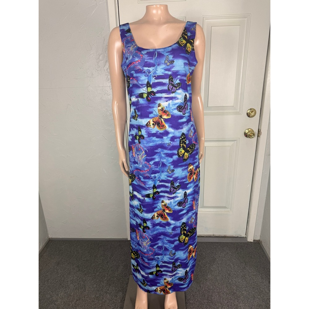 Vintage Y2K No Boundaries Dress Polyester Knit Maxi Butterfly Dragon NN22
